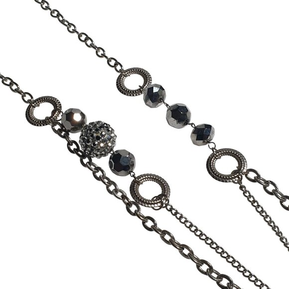 You and I Long Necklace Gunmetal Beaded Rhinestone Loops Layered Chains Jewelry - Picture 2 of 6
